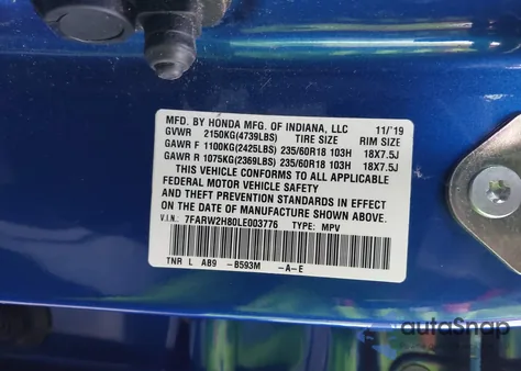 2020 Honda Cr-V Awd Ex-L from USA, damaged, VIN 7FARW2H80LE003776